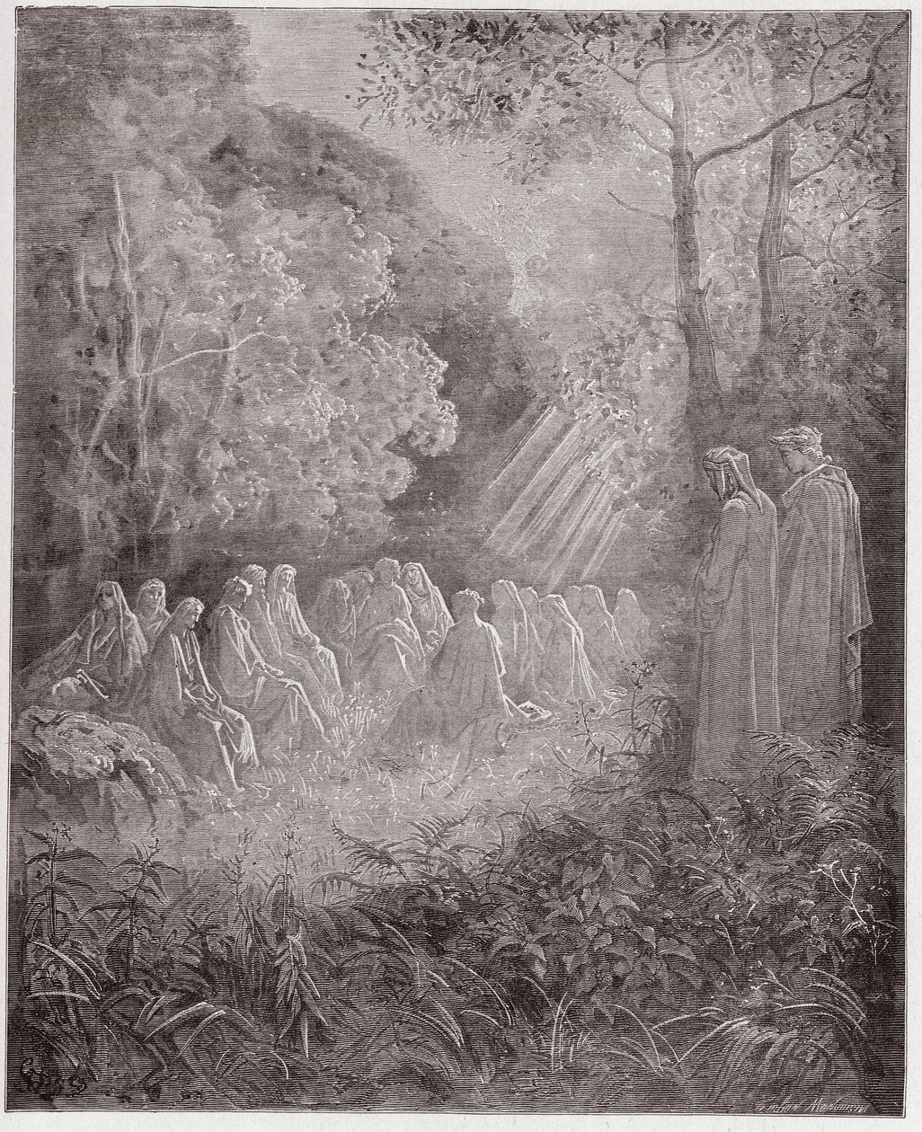 The Divine Comedy, Purgatorio, Canto 7: The Spirits Singing Salve Regina in the Dell - by Dante Alighieri (1265-1321) - Illustration by Gustave Dore (1832-1883) by Gustave Dore