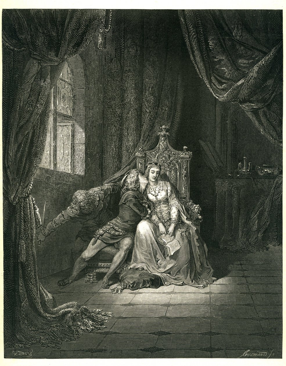 The Hell of Dante Alighieri (the Divine Comedy) illustrated by Gustave Dore. French edition of 1861. Francesca da Rimini and her lover: "Quel giorno piu non vi leggemo avante. (This day we do not read further)", chant 5. v. 138 by Gustave Dore