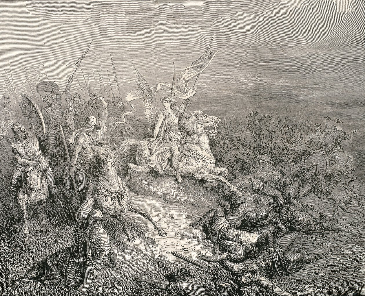 The Holy Bible. 1866. The angel of the Maccabees. Engraving by Gustave Dore
