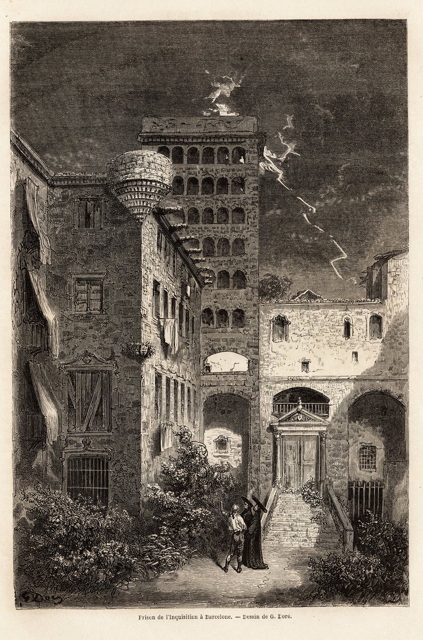 The Inquisition Prison in Barcelona, drawing by Gustave Dore, to illustrate his journey to Spain, with C. Davillier, in 1862. Engraving in 