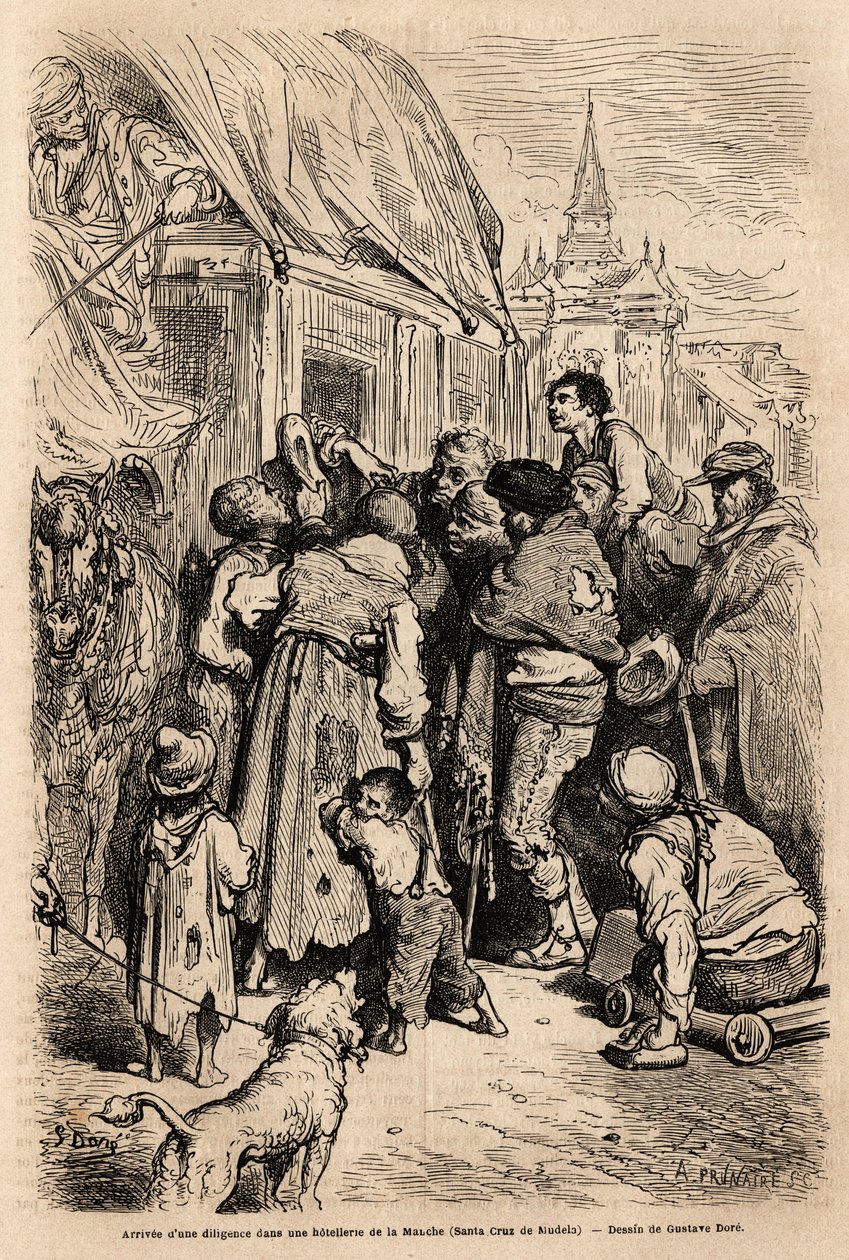 The arrival of the diligence in a hotel in Santa Cruz de modela (Mancha province), assaulted by beggars calling for alms. Drawing by Gustave Dore (1832-1883). Engraving to illustrate the voyage in Spain, in 1862 by Charles Davillier and Gustave Dore, in by Gustave Dore