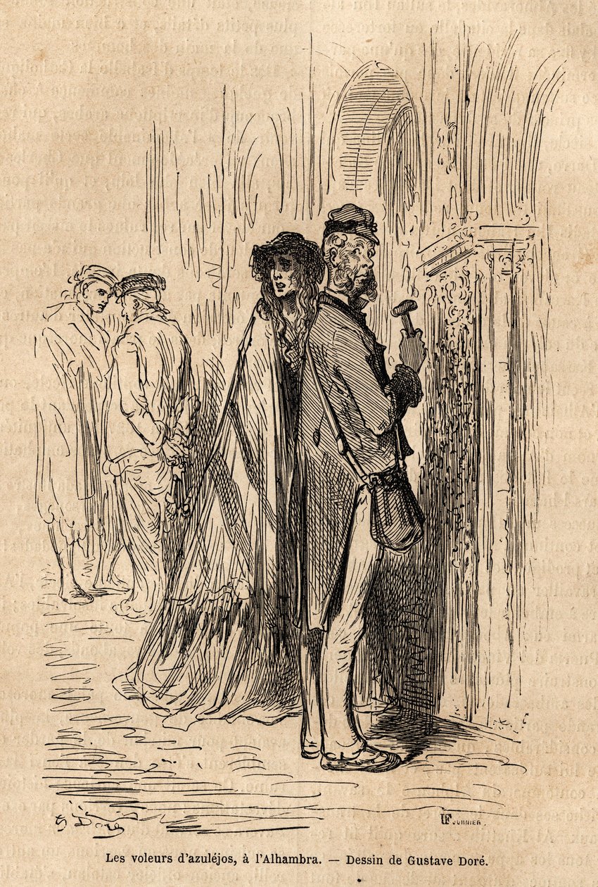 The azulejos thieves, in the Alhambra of Granada. A sketch made by Gustave Dore, to illustrate his trip to Spain in 1862, accompanied by Ch.Davillier. Engraving in Le tour du monde by Gustave Dore