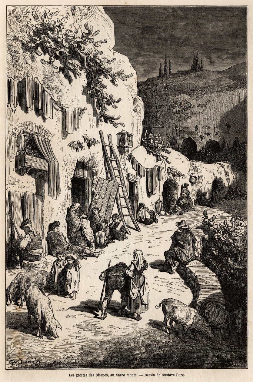 The caves of gypsies, in Sacro Monte, in Granada. Drawing by Gustave Dore, to illustrate his trip to Spain in 1862, accompanied by Ch. Davillier. Engraving in 