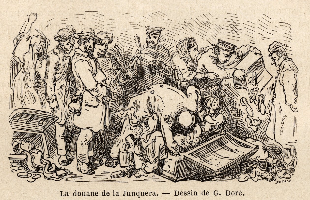 The customs of the junquera. Engraving in Le tour du monde, edited by Edouard Charton by Gustave Dore