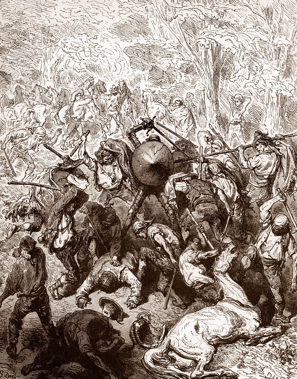 The fight against the muleteers of Yanguas Engraving by Gustave Dore (1832-1883) for “The Ingenious Hidalgo Don Quixote de la Mancha” by Miguel de Cervantes (1547-1616) 1863 Private collection by Gustave Dore