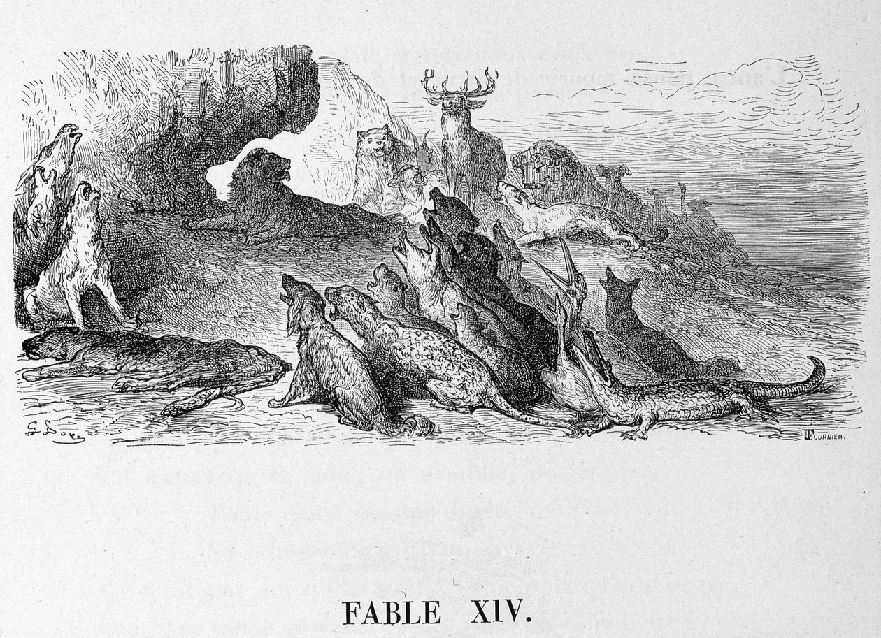 The funeral of the lioness - in Fables de La Fontaine, ill. by Doré by Gustave Dore