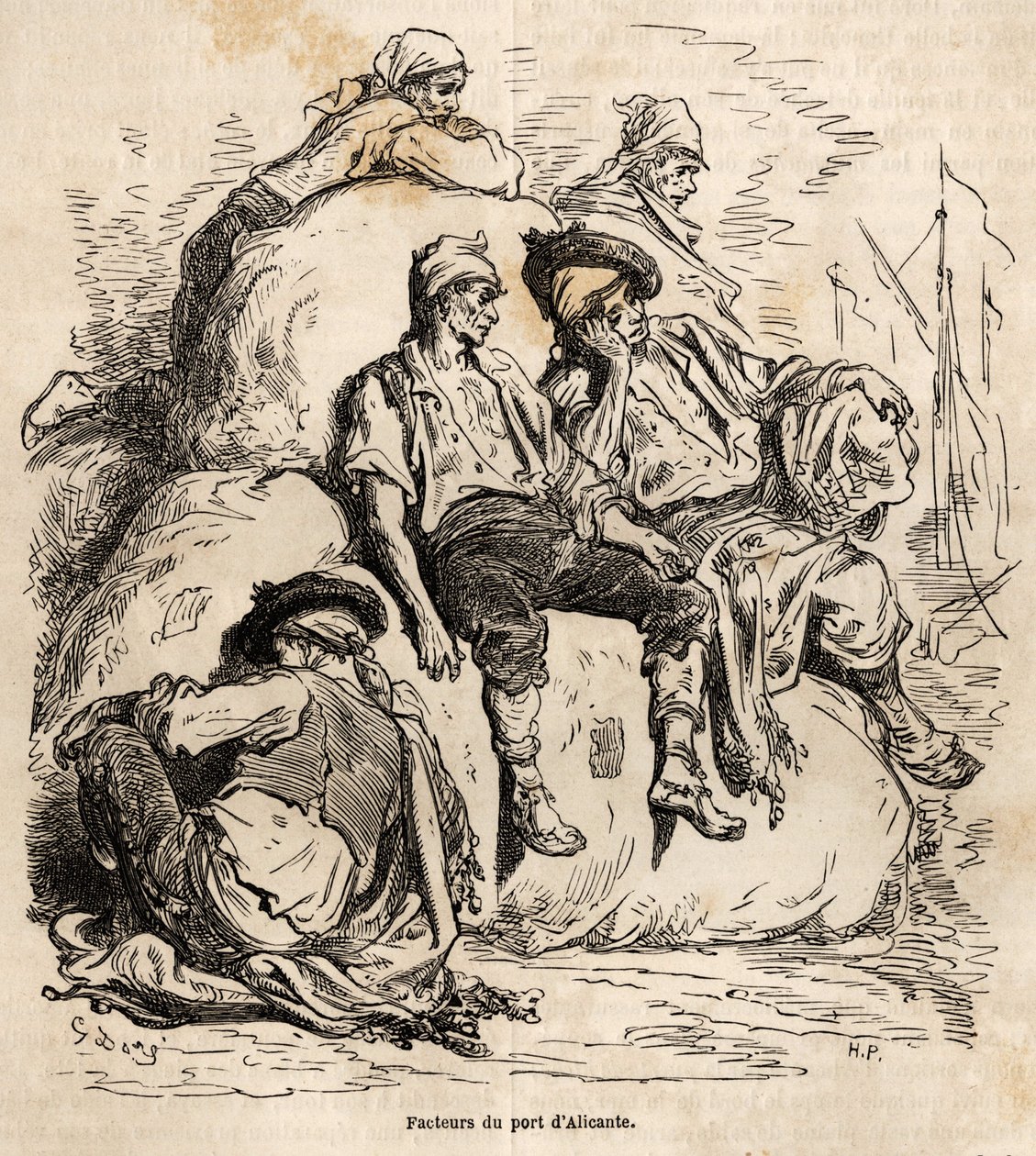 The nap of the carriers of the port of Alicante, sketch made on the lively by Gustave Dore, to illustrate his journey to Spain, in 1862, with Ch. Davillier. Engraving in 