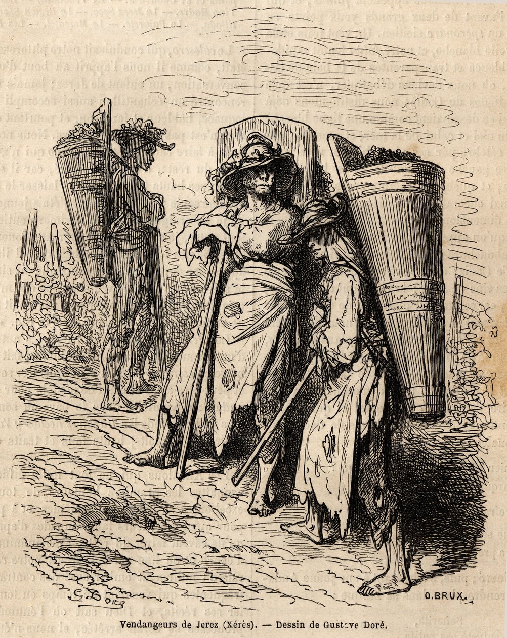 The pickers of Xeres. Drawing by Gustave Dore, to illustrate his trip to Spain in 1862, with Ch. Davillier. Engraving in Le tour du monde, edited by Edouard Charton by Gustave Dore