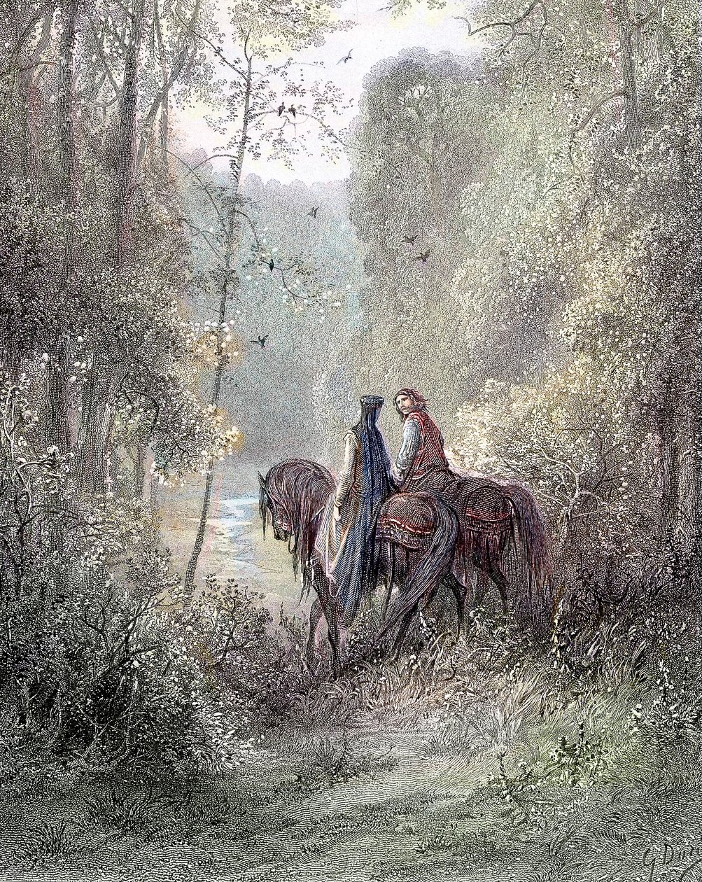 They Lost Under Groves That Seemed to Be a Paradise of Flowers (Guenièvre and Lancelot) - in Guenièvre by Alfred Tennyson, Illustrated by Gustave Doré, Paris, Librairie Hachette et Cie by Gustave Dore