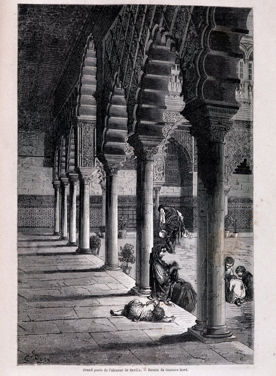 View of the large patio of the Alcazar in Seville - by Doré, in “Tour du Monde”, 2nd sem. 1866. by Gustave Dore