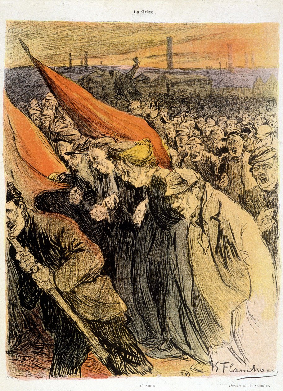 Curved crowd with red flags, La Grève by Flaschoën, early 20th century by Gustave Flasschoen