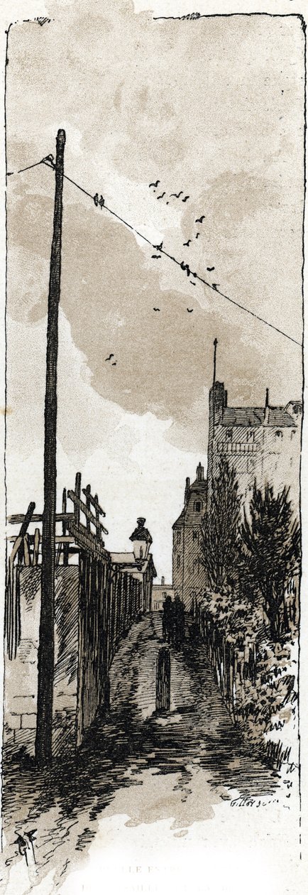 Alley between avenue de Versailles and the Seine river, Auteuil district, Paris. Drawing by Gustave Fraipont from Saint-Juirs by Gustave Fraipont