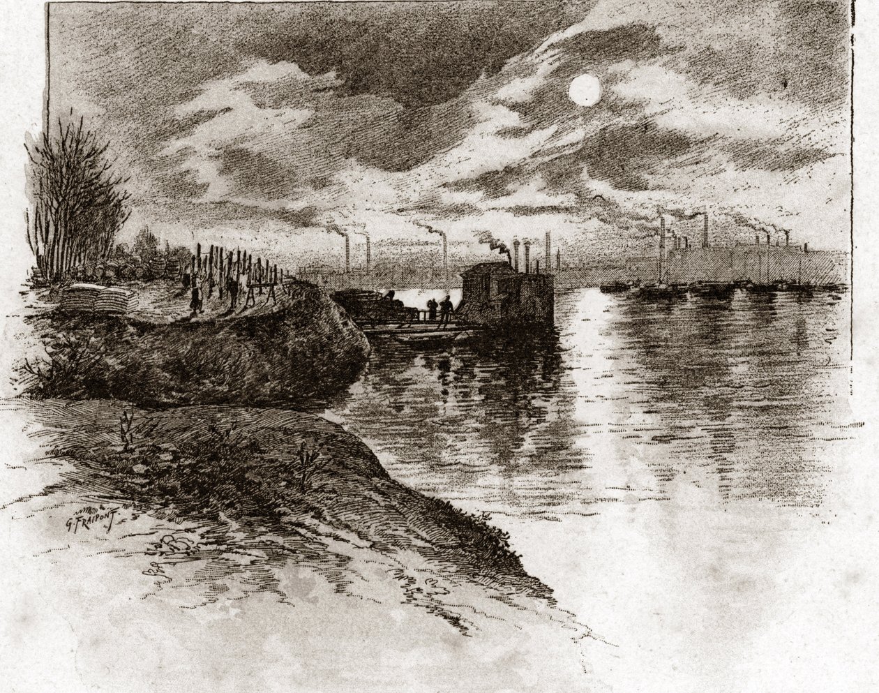 The Output of the Sewer Tunnel in the Seine River, Bercy, Paris. Drawing by Gustave Fraipont from 