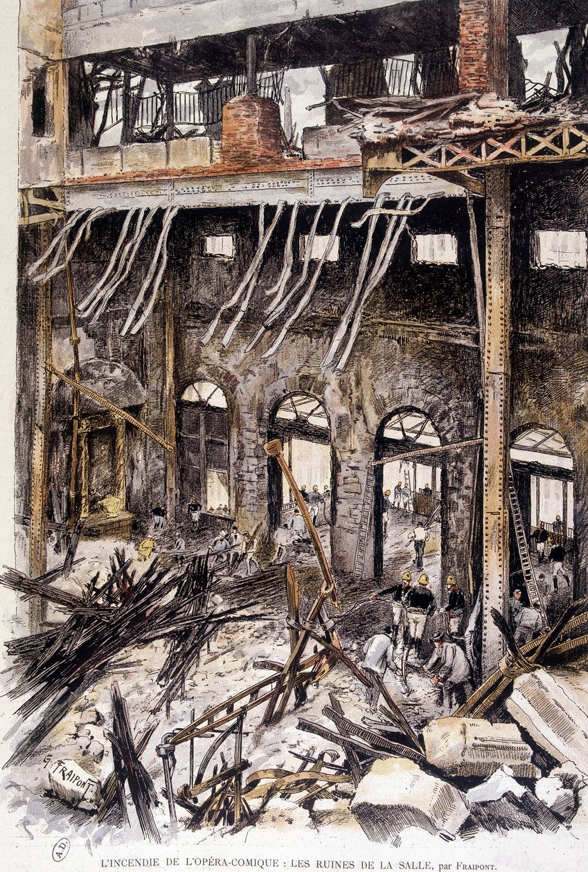 Firefighters working in the ruins of the room of the opera comique de Paris following the fire, by Fraipont by Gustave Fraipont