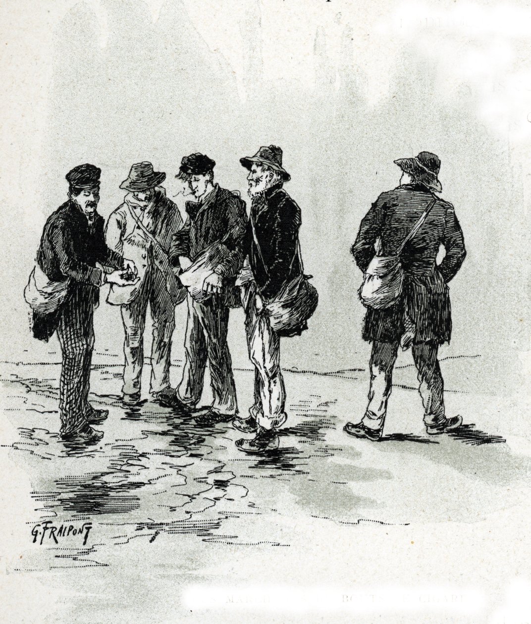 Street Merchants of Cigar and Cigarette Tips, Maubert District, Paris. Drawing by Gustave Fraipont from 