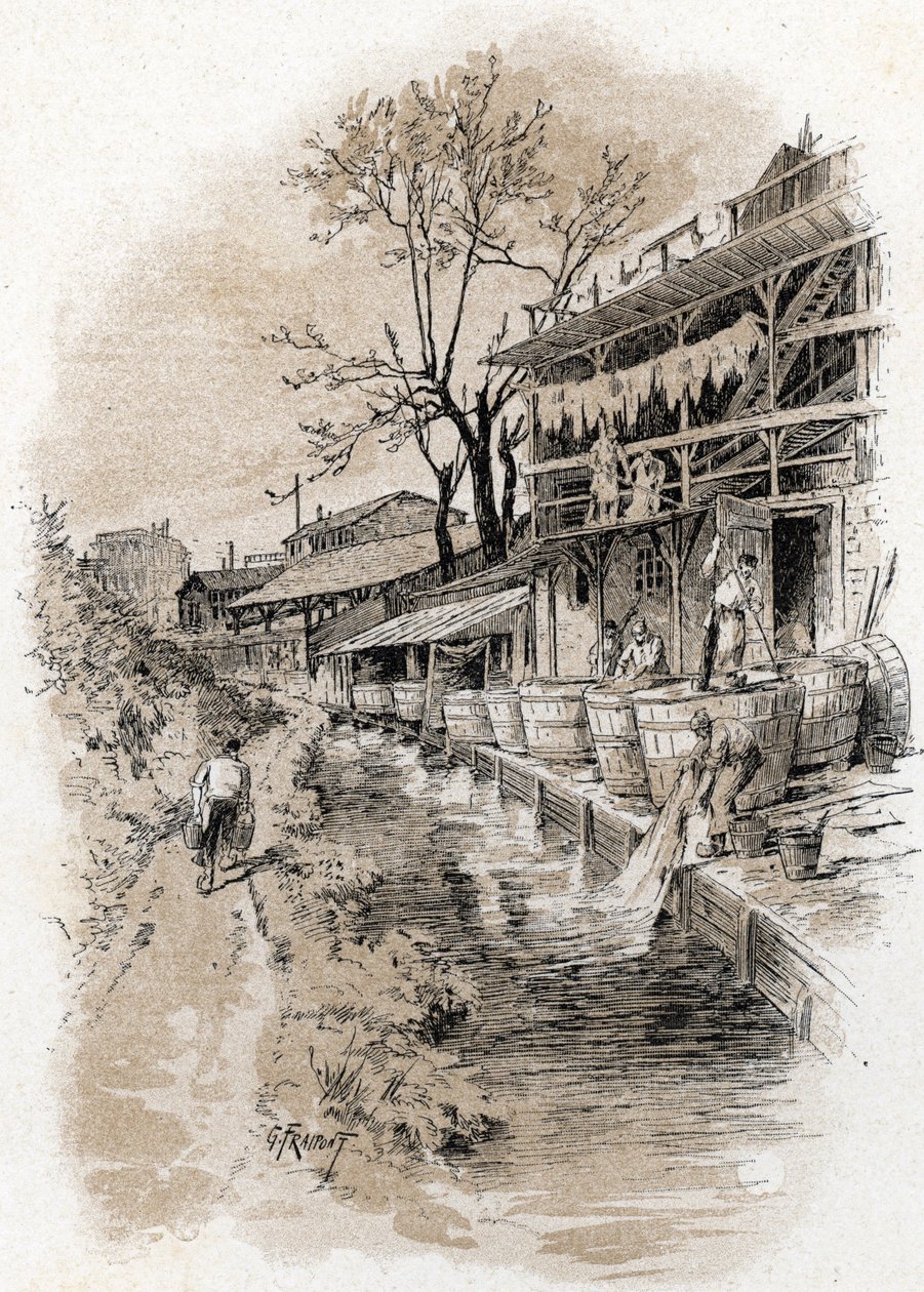 View of the Bievre river and leather tawing stalls in the Pete Gentilly district, Paris by Gustave Fraipont