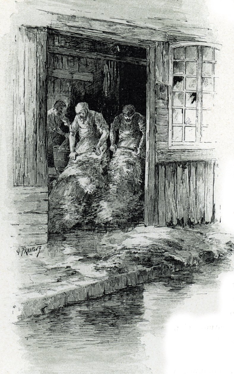 Tanners working leathers and animal skins in the rue des Gobelins, Paris. Drawing by Gustave Fraipont from 