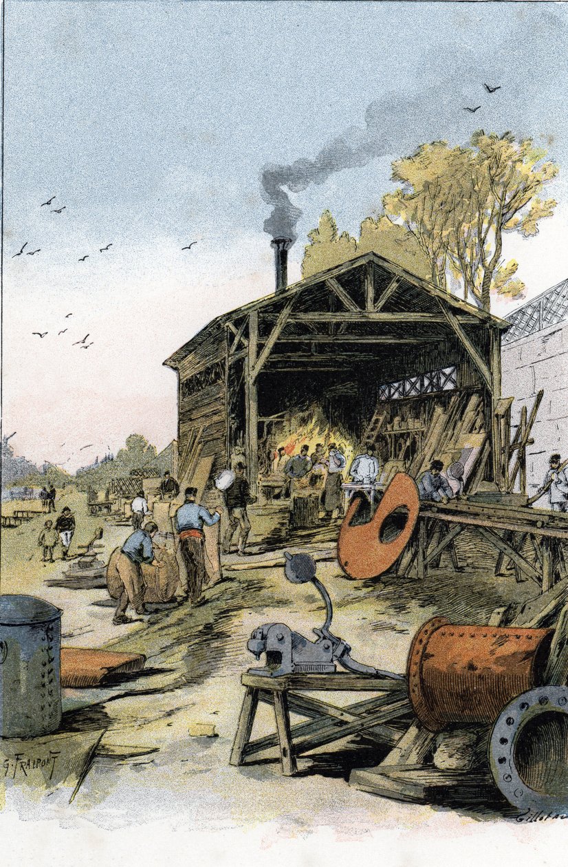 Boats and barges being repaired in the forge of Point du Jour near Boulogne Billancourt, Paris. Drawing by Gustave Fraipont from 