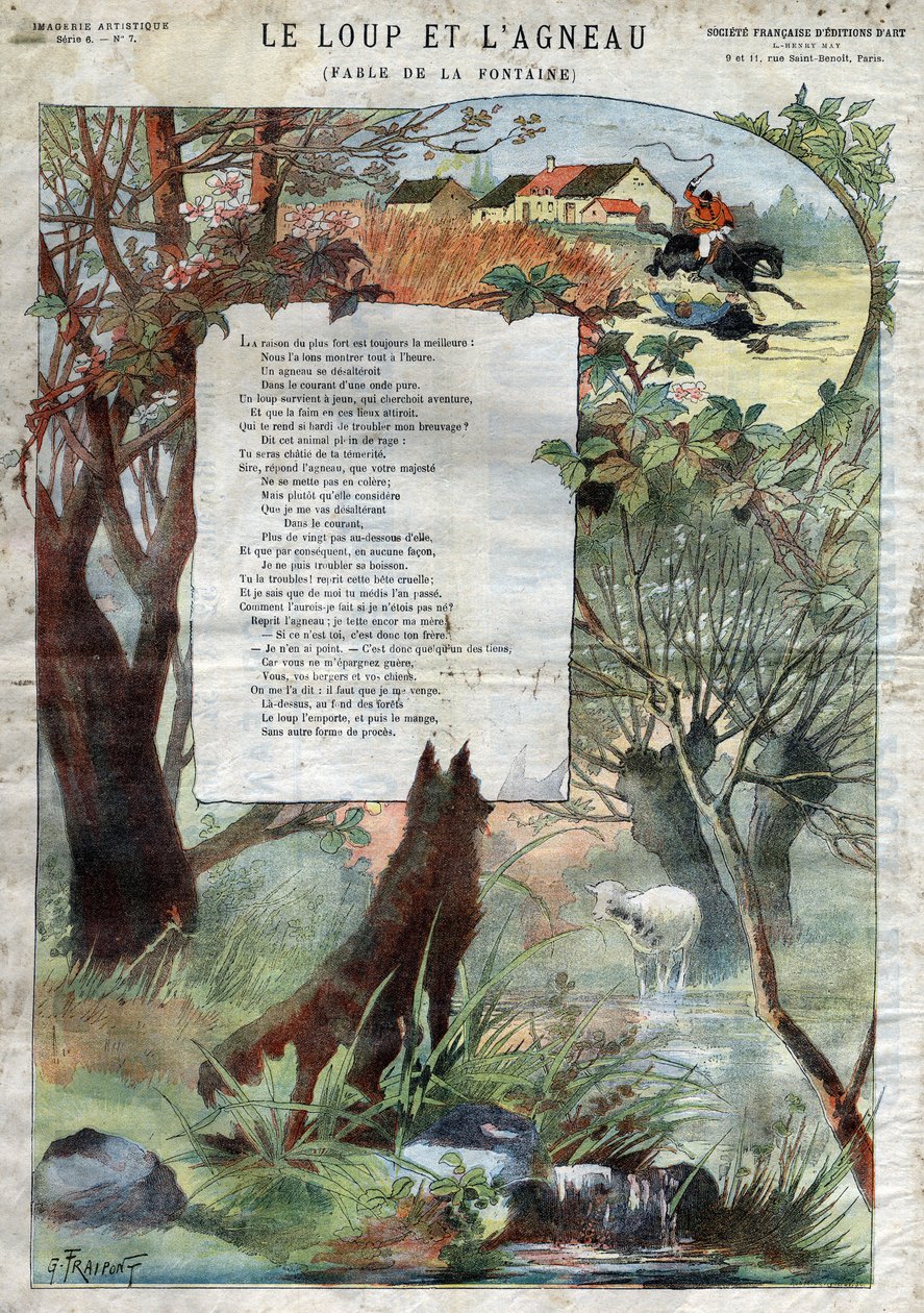 The Wolf and the Lamb. Fables by Jean de La Fontaine (1621-95). Illustration by Gustave Fraipont (1849-1923). Private collection. by Gustave Fraipont