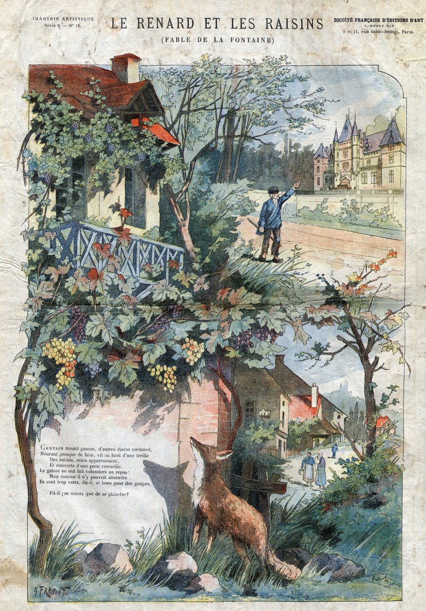 The fox and the grapes. Fables by Jean de La Fontaine (1621-95). Illustration by Gustave Fraipont (1849-1923). Private collection. by Gustave Fraipont