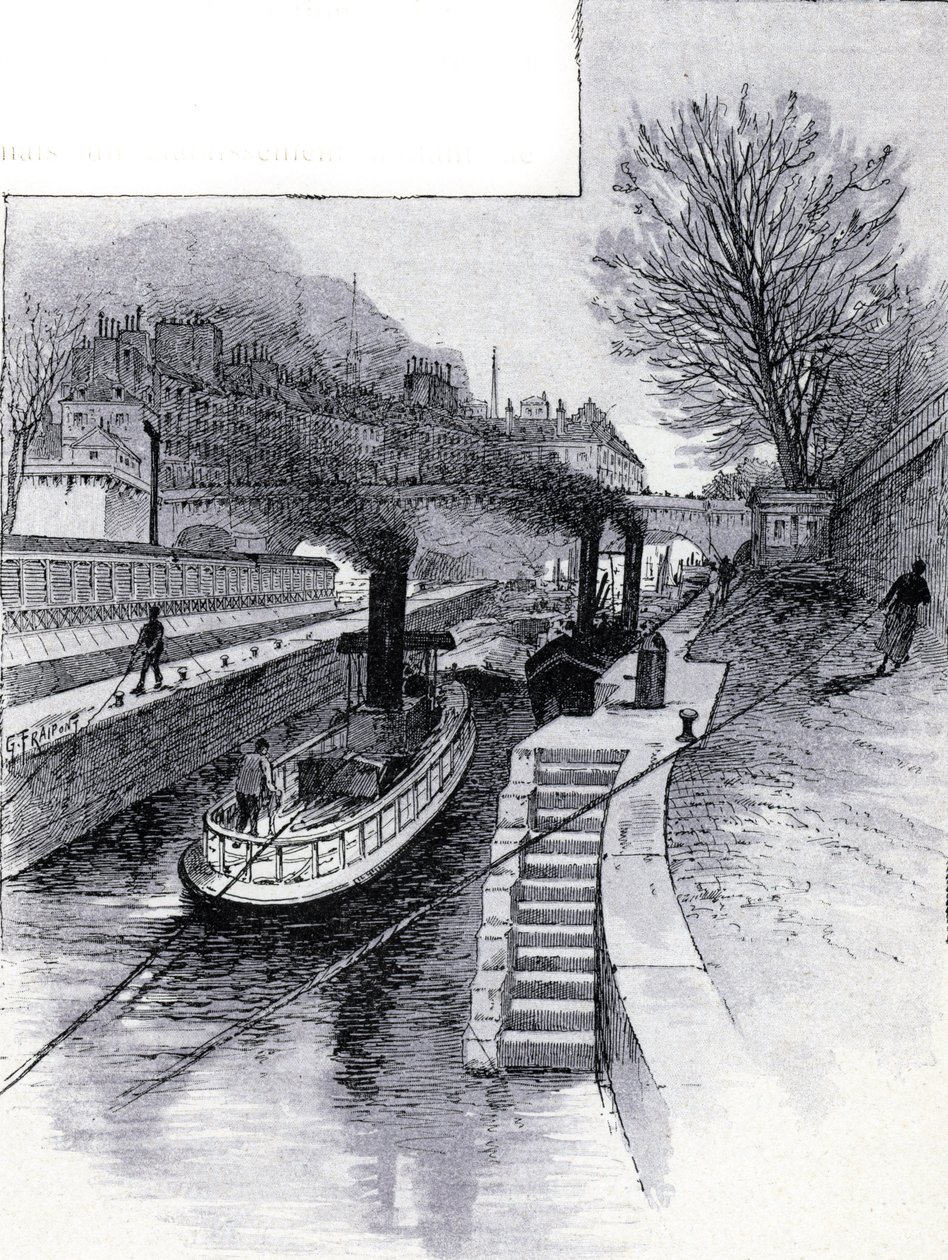 Towboats of the Lock on the Seine River in Front of the Hotel des Monnaie, Paris by Gustave Fraipont