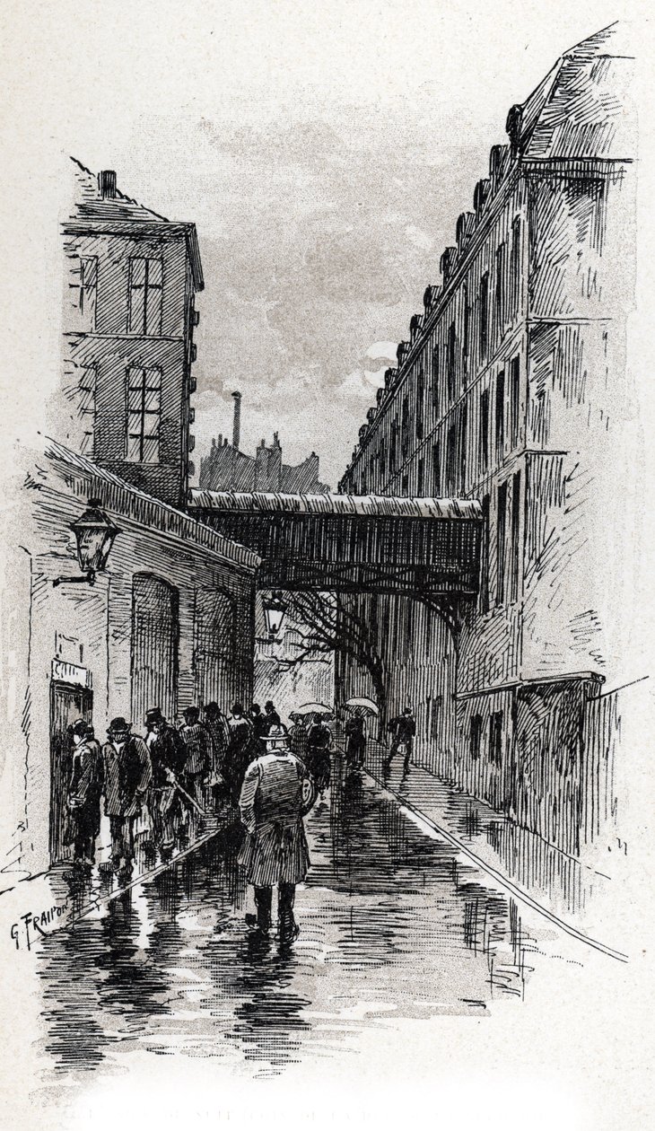 View of a Flophouse in Rue de la Bucherie in the Maubert District, Paris. Drawing by Gustave Fraipont from 