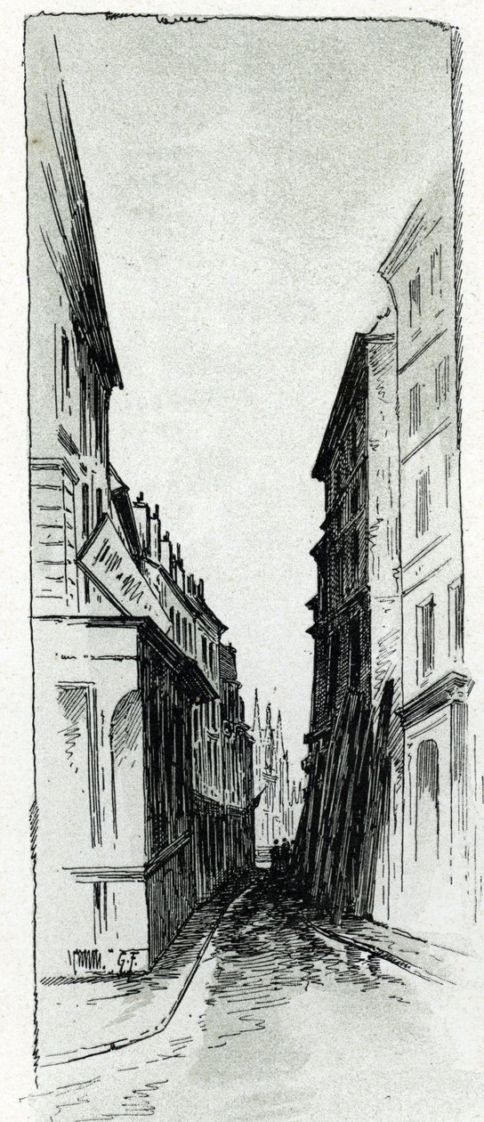 View of the Hotel Colbert street near Maubert square in Paris. Drawing by Gustave Fraipont from Saint-Juirs by Gustave Fraipont