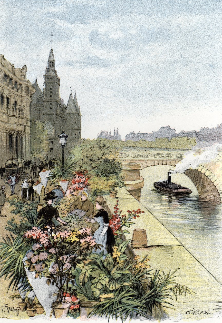 View of the flower market, Ile de la Cite, Paris. Drawing by Gustave Fraipont from Saint-Juirs by Gustave Fraipont