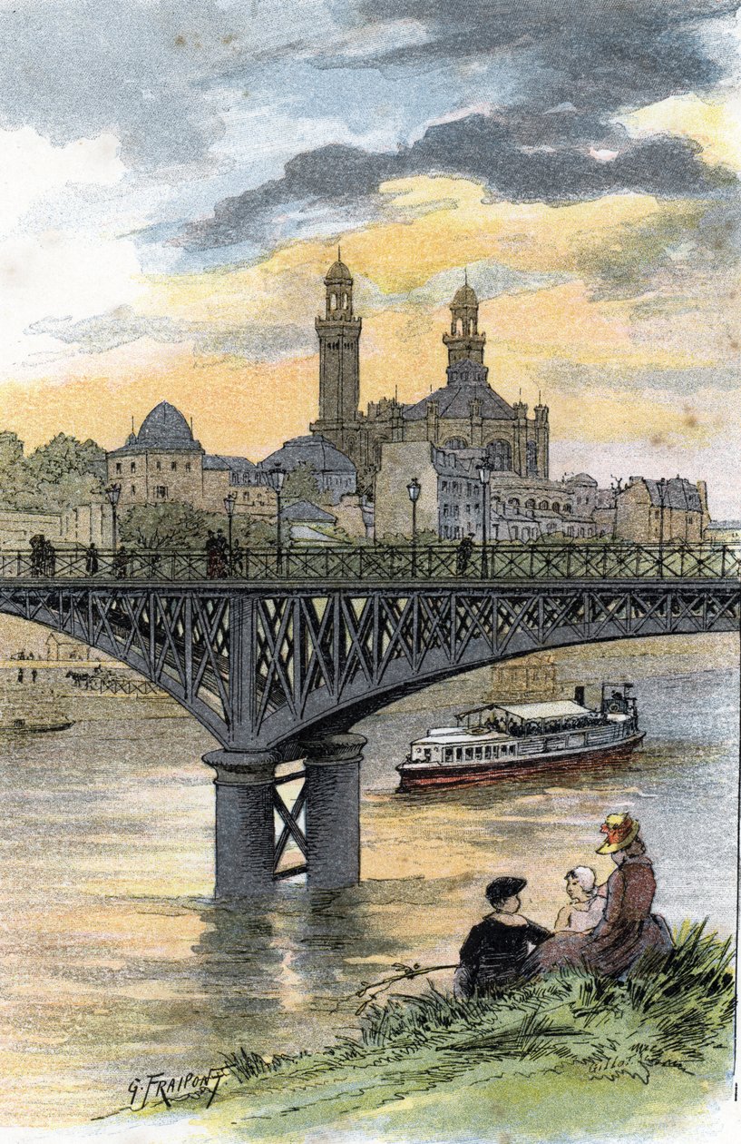 View of the footbridge of Passy (now bridge of Bir Hakeim) in Paris by Gustave Fraipont