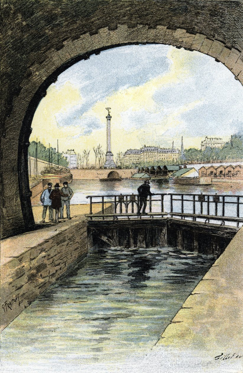 View of the lock of Canal Saint Martin in Paris by Gustave Fraipont