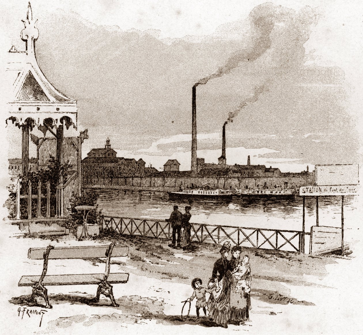 View of the quai de Javel in Paris, actuel quai André-Citroen. Drawing by Gustave Fraipont from 