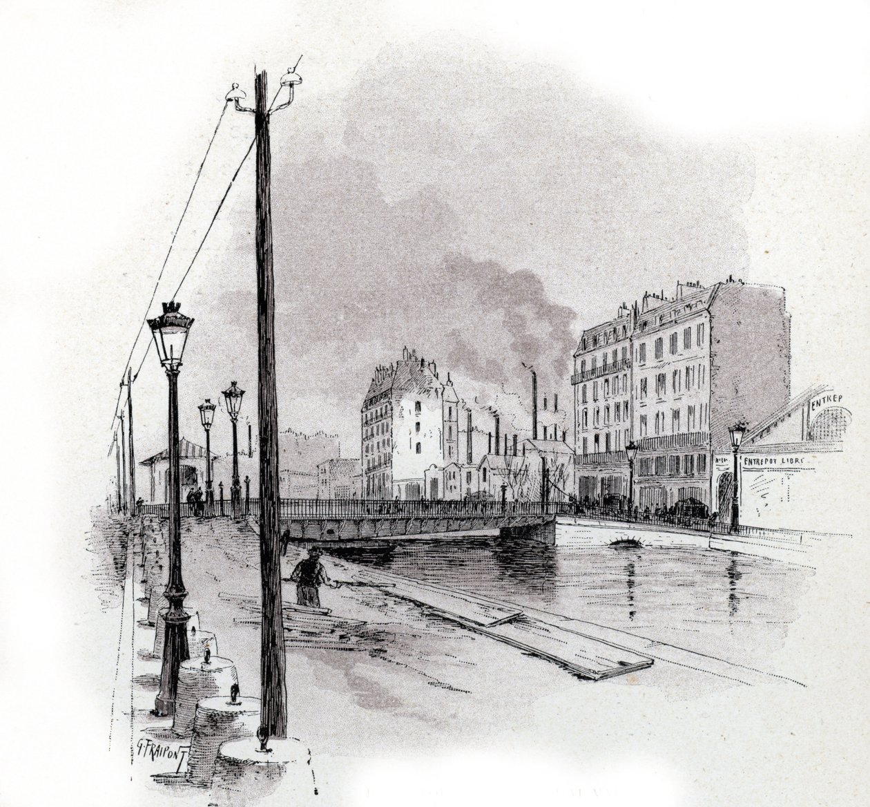 View of the swinging bridge of Quai de Valmy on the Canal Saint Martin, Paris by Gustave Fraipont