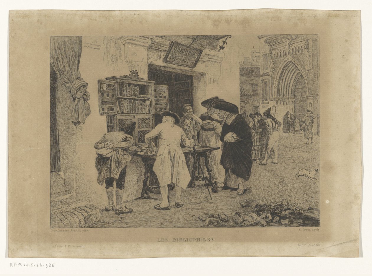 Men Gathered Around the Display of a Bookseller (title: Les Bibliophiles) by Gustave Marie Greux