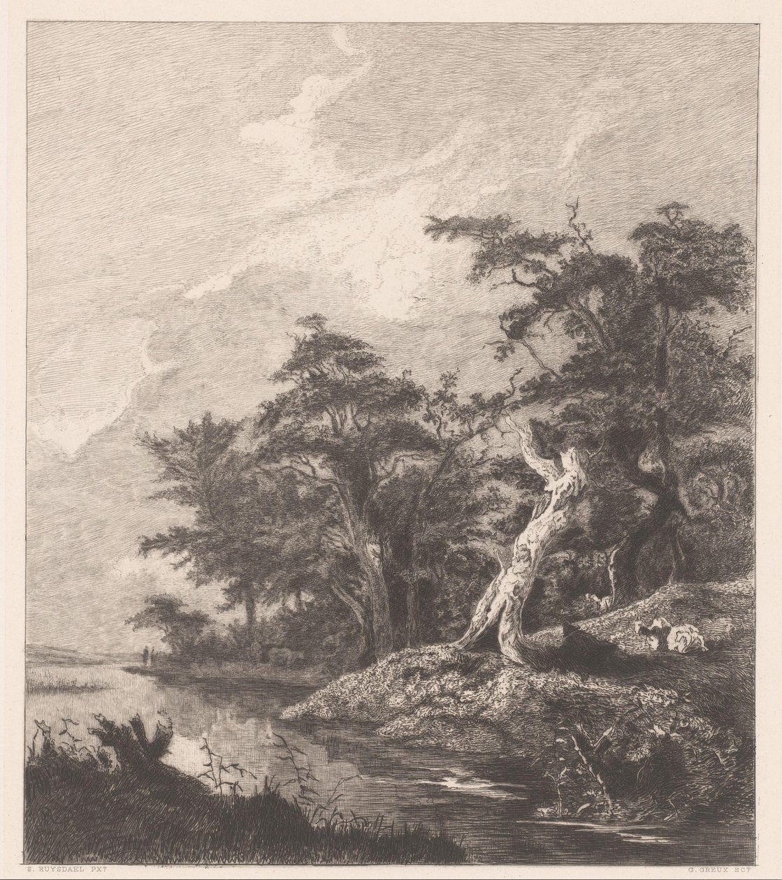 River Landscape with Resting Shepherd by a Tree Stump by Gustave Marie Greux