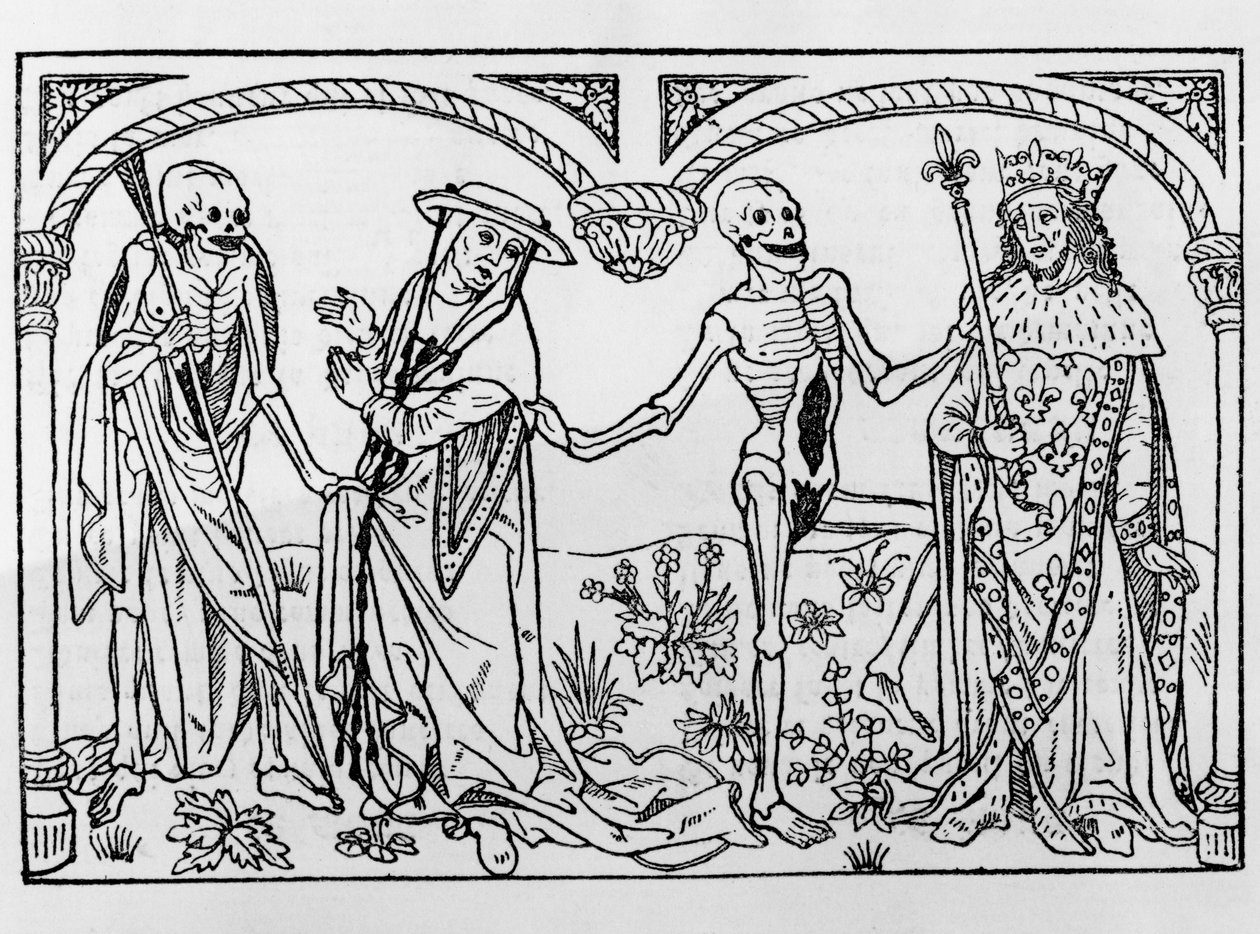 Death taking the Cardinal and the King, from the Danse Macabre, published Paris, 1485 by Guy Marchant