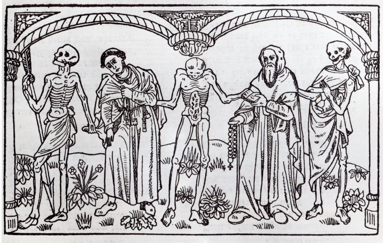 Death taking the Monk and the Abbot, from the Danse Macabre, published Paris, 1485 by Guy Marchant