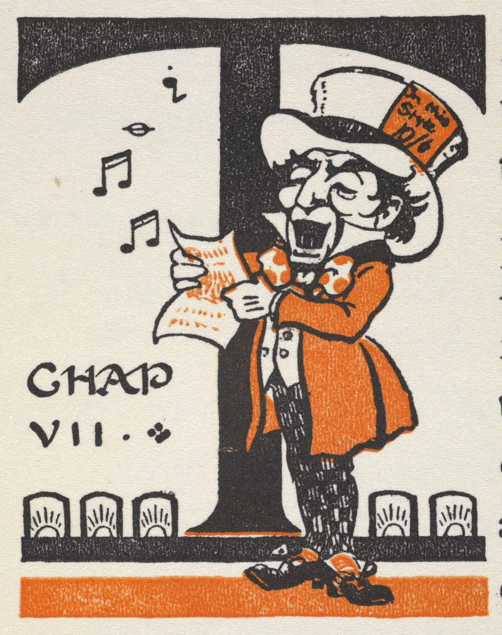Illuminated letter T with the Mad Hatter singing from a song sheet by Gwynedd M. Hudson