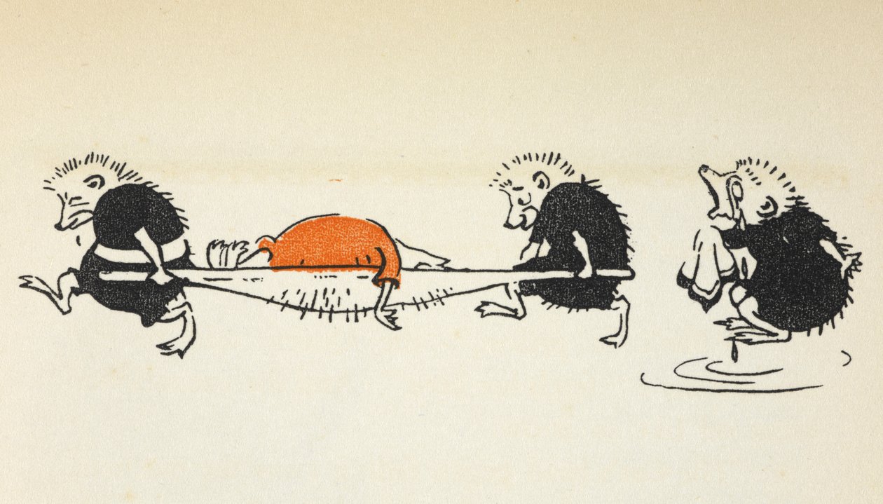 Illustration of two hedgehogs carrying an injured croquet player being followed by another weeping hedgehog by Gwynedd M. Hudson