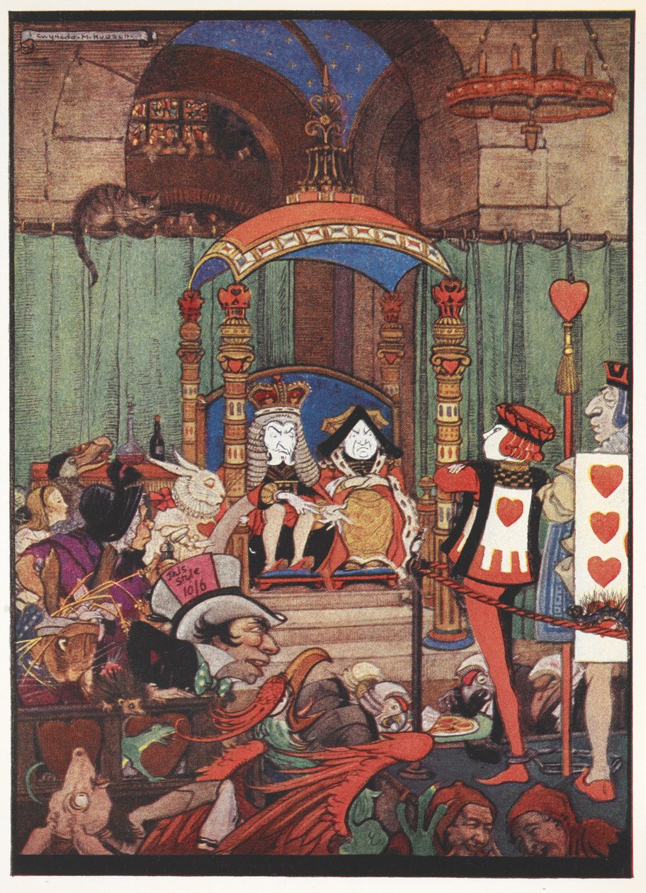 The King and Queen of Hearts upon their throne at court during the