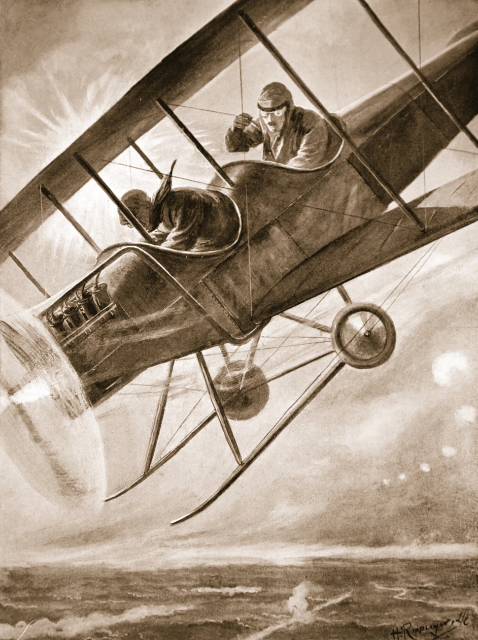 Captain Liddell piloting his aeroplane down into the British lines after being seriously wounded by H. Ripperger