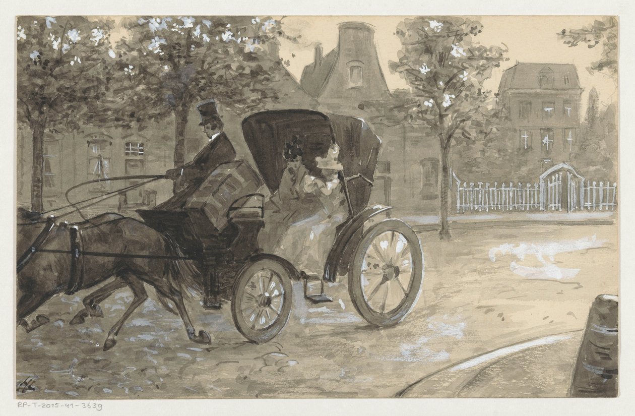 Two Women in a Horse Carriage by H.C. Louwerse (signed by artist)