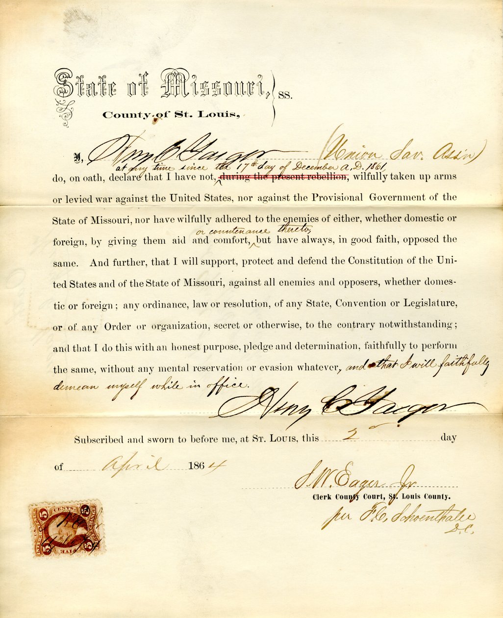 Loyalty oath of Henry C. Yaeger of Missouri, County of St. Louis by H.C. Yaeger