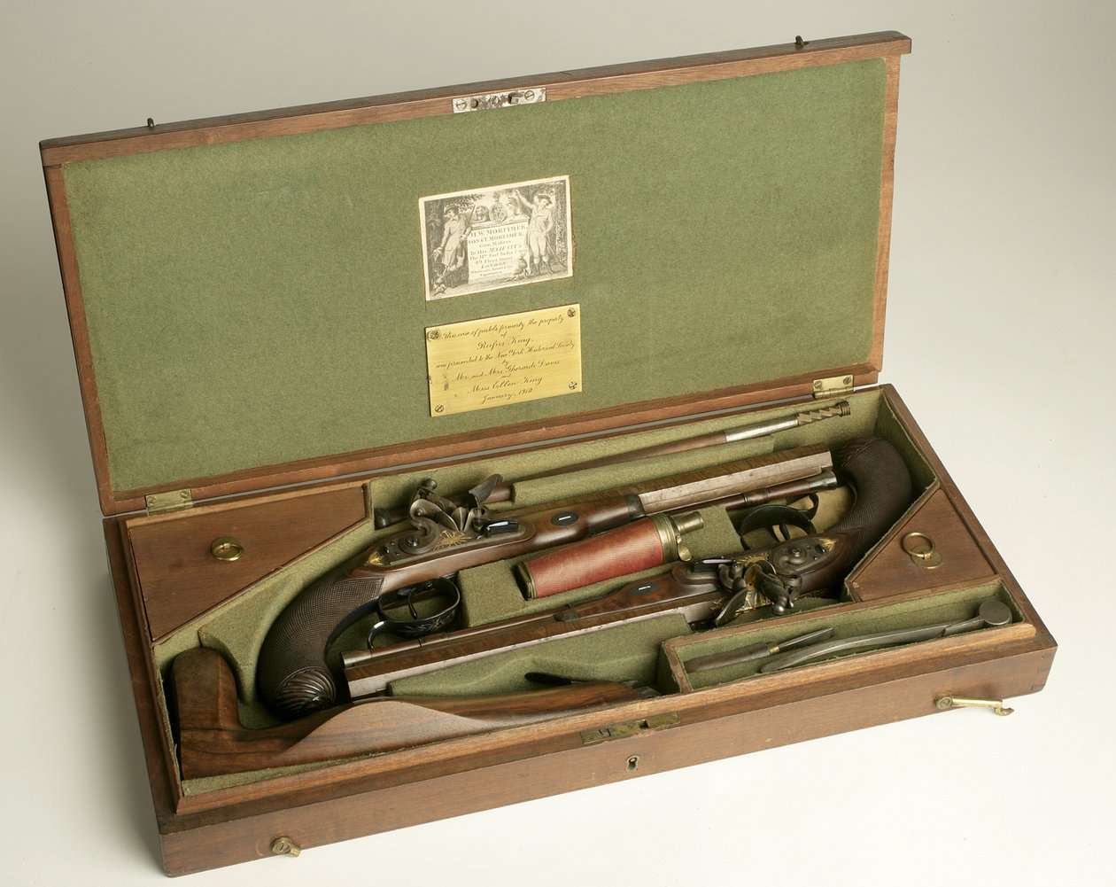 Pair of Flintlock Dueling Pistols with Case and Accessories by H.W. Mortimer and Sons