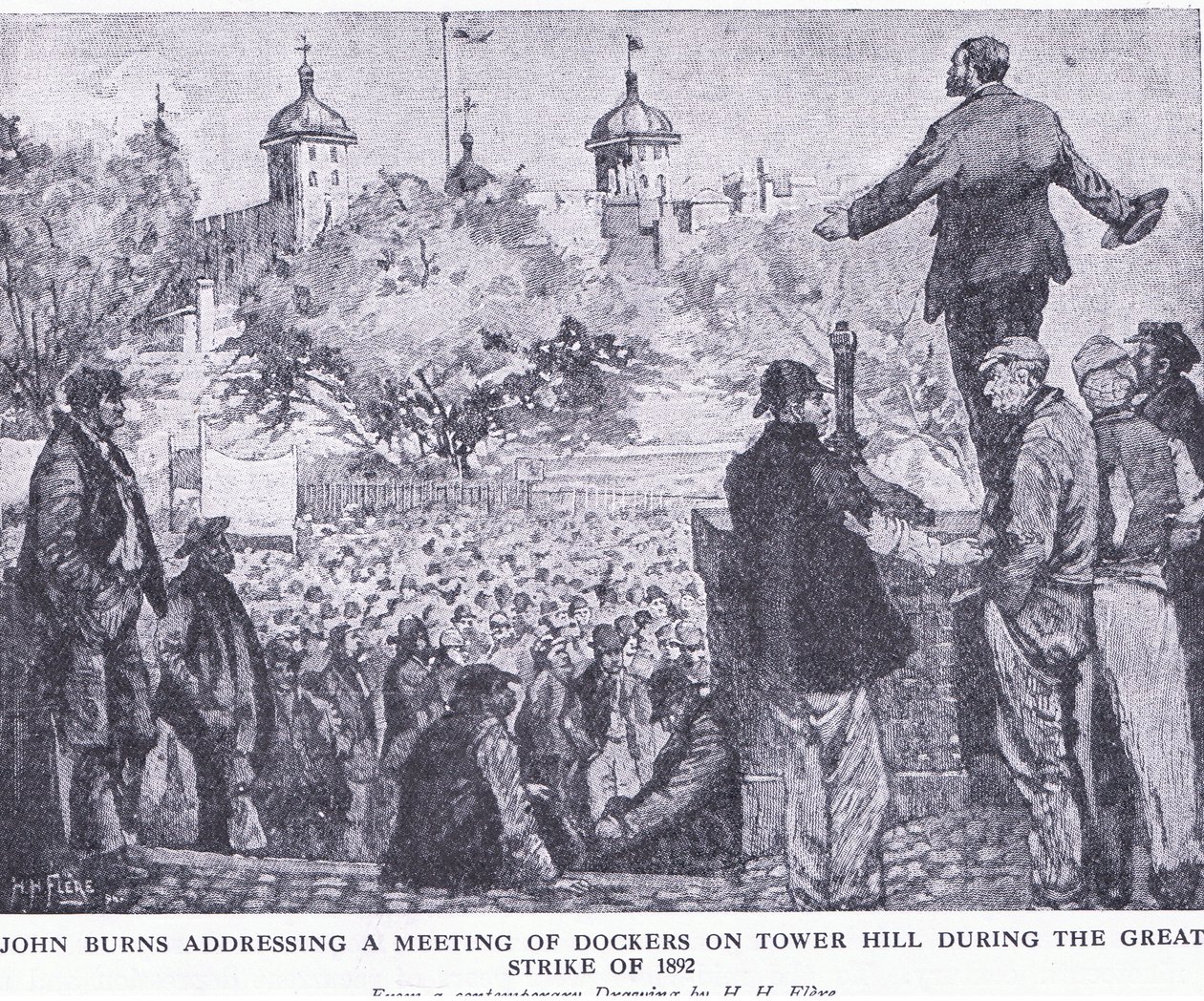 John Burns addressing a meeting of dockers on Tower Hill during the Great Strike of 1892 by H. H. Flere
