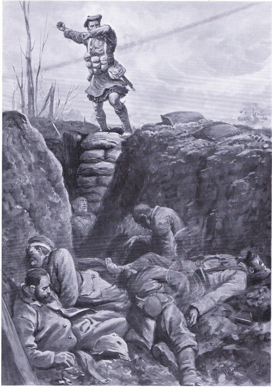 Private Brown (Gordon Highlander) Bombing the Enemy in a German Trench from the Top of a Barricade by H. Ripperger
