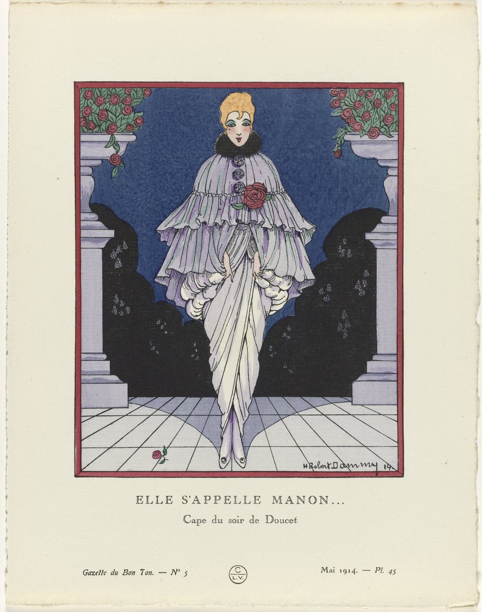 Gazette du Bon Ton, 1914 - No. 5, Pl. 45: She is Called Manon / Evening Cape by Doucet by H. Robert Dammy