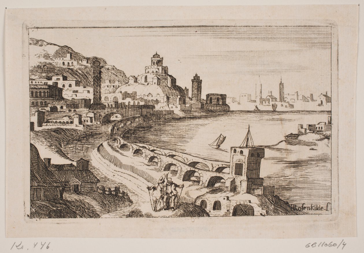 Riverbank with oriental city by H. Rosenkilde