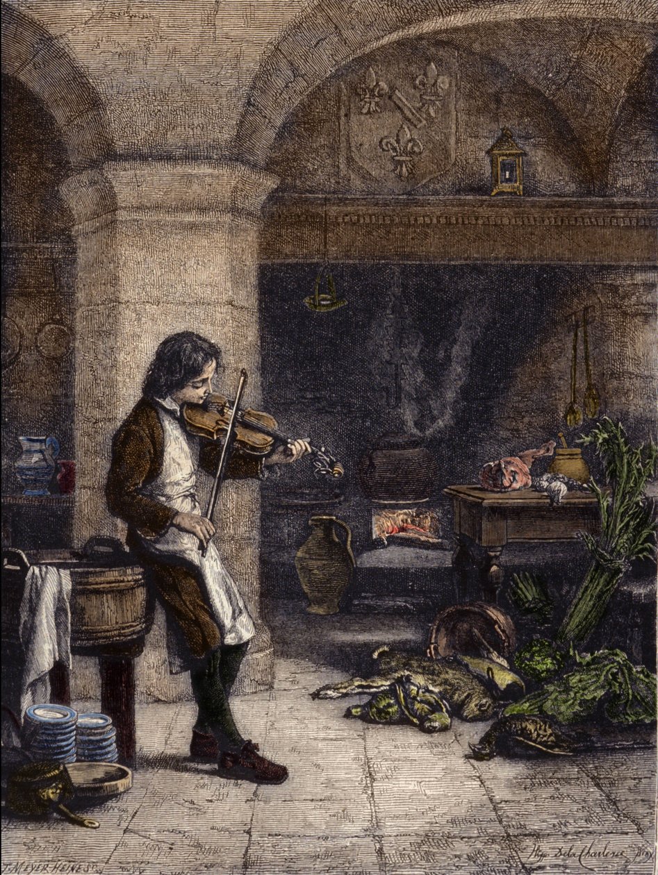 Jean Baptiste Lully (Giovanni Battista Lulli) (1632-1687), French composer, then "galopin" or marmiton by Mademoiselle de Montpensier. Engraving by T. Meyer-Heine from a drawing by Hippolyte de La Charlerie (1827-1867). by H. de la (after) Charlerie