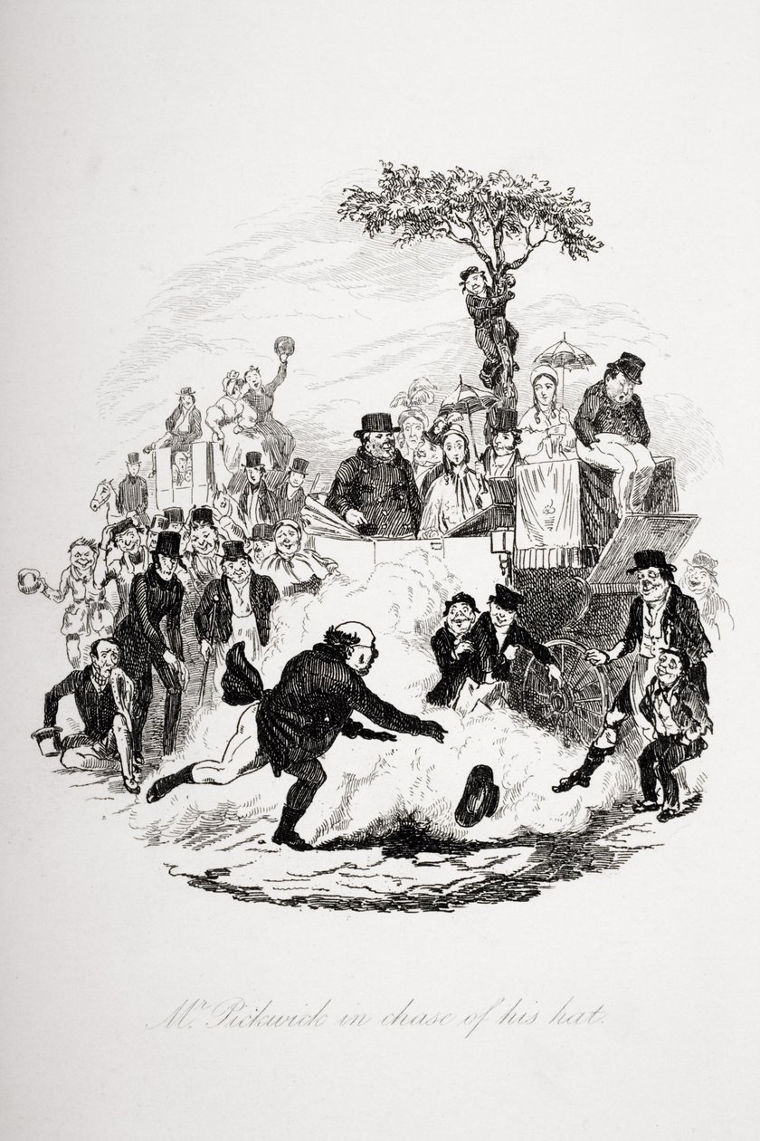 Mr. Pickwick in chase of his hat, illustration from 
