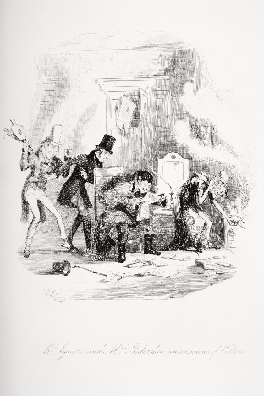 Mr. Squeers and Mrs. Sliderskew unconscious of visitors, illustration from 